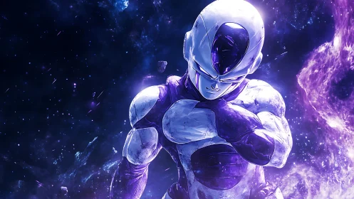 Galactic frost warrior crossing arms in ultraviolet storm.