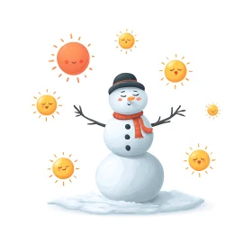 Cheerful snowman enjoys warm smiling summer suns.