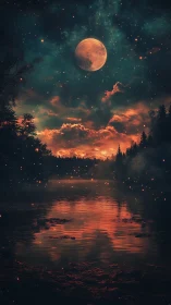 Blood moon over forest lake under glowing starfield.