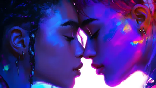 Neon-lit intimate portrait of two faces in close profile.