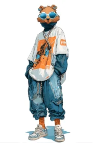 Anthropomorphic rodent in oversized streetwear, vector stylized.