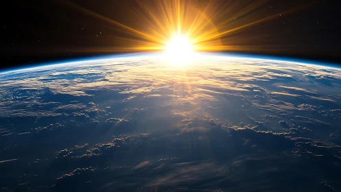 Photorealistic orbital sunrise over curved Earth horizon plane.