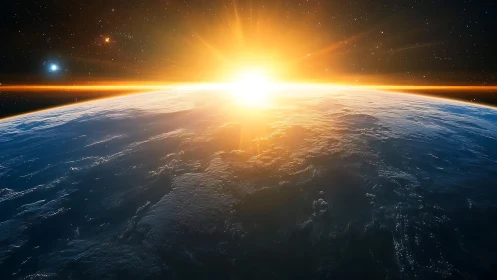 Solar dawn over Earth horizon with radiant starfield glow.