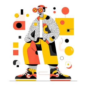 Geometric illustration of standing figure in bright clothing.
