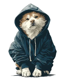 Dog in oversized navy hoodie with bold graphic shading.