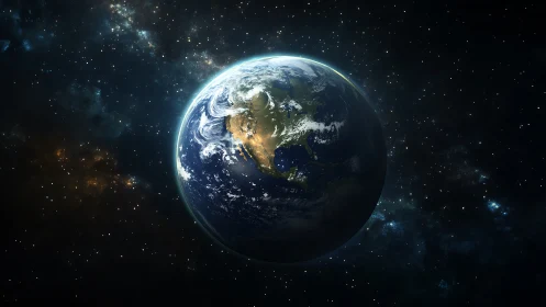 Planet Earth illuminated over starfield in high orbit view.