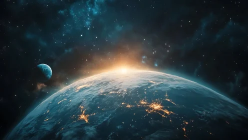 Orbital sunrise over illuminated Earth with distant moon horizon.