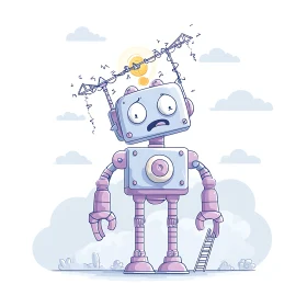 Confused cartoon service robot with antenna malfunction outdoors