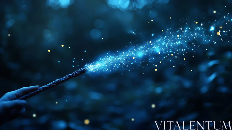 Magic wand casts blue sparkling light in dark forest night