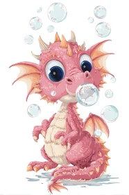 Pink baby dragon blowing bubbles on white background.