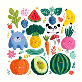 Playful fruits, veggies, and animals share a cheerful hello