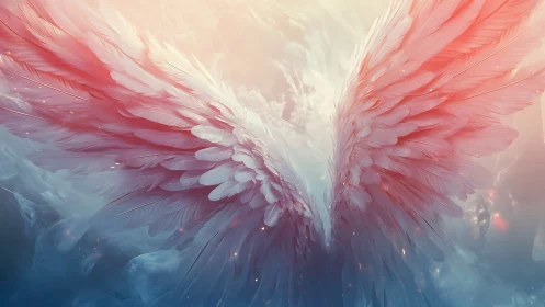 Ethereal pastel angel wings in luminous celestial atmosphere.