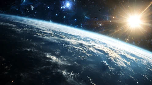 Sunlit Earth horizon from space with glowing starfield.