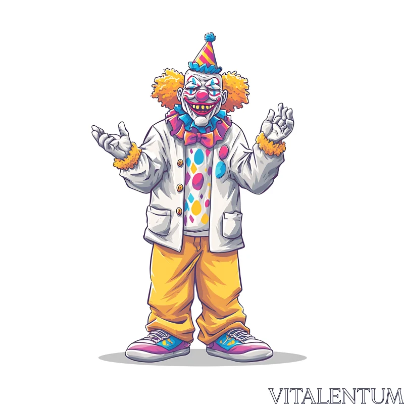 Colorful cartoon clown stands smiling with open gestures