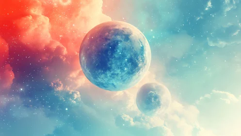 Twin azure planets within luminous nebula gradient sky.