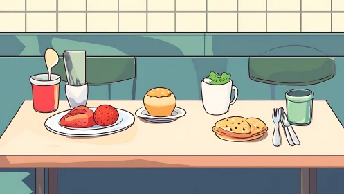 Cozy caf&eacute; breakfast table with bright, inviting treats.