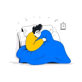 Person in bed clutching blanket, looking anxious and tense.