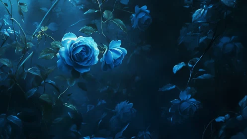 Deep Teal Rose Garden: Luminescent Botanical Nocturne with Atmospheric Depth.