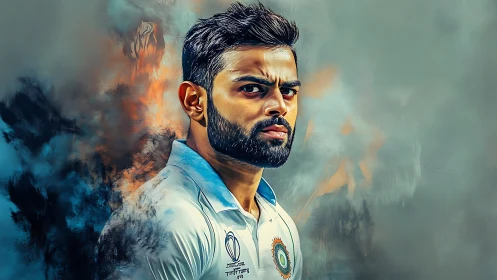 Focused cricket player framed by bold swirling colors.
