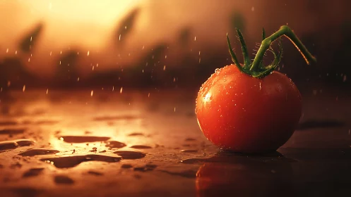Sunlit tomato resting in warm rain-kissed reflections.