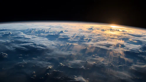 Orbital sunrise over cloud-laden Earth with radiant crepuscular rays.