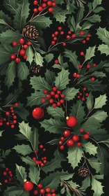 Holly foliage pattern with red berries, baubles and pinecones