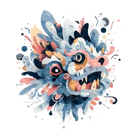 Explosive abstract dragon mask bursts in swirling pastel chaos