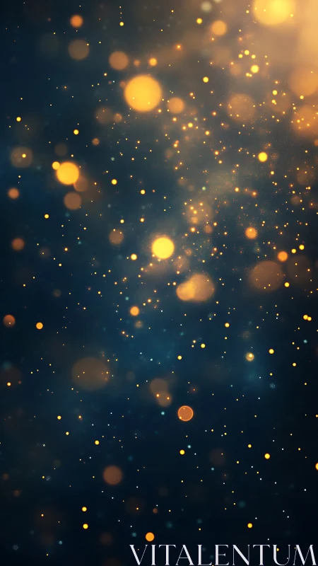 Golden bokeh light particles float over dark blue background.