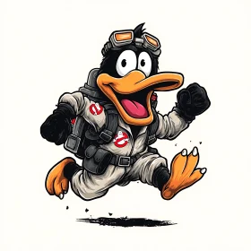 Brave cartoon duck joyfully races in ghostbuster gear