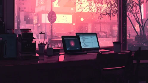 Soft pink cafe workspace glows with quiet evening focus