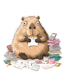 Study-night capybara crams snacks and notes in quiet chaos.