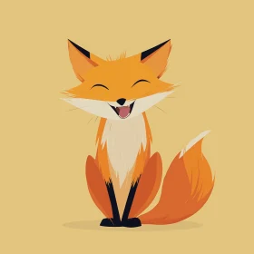 Smiling cartoon fox on flat pastel yellow background.