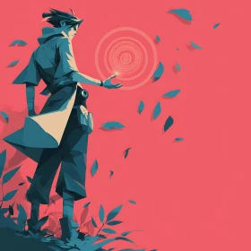 Leaf-walking mage bends coral sky with teal spirals.
