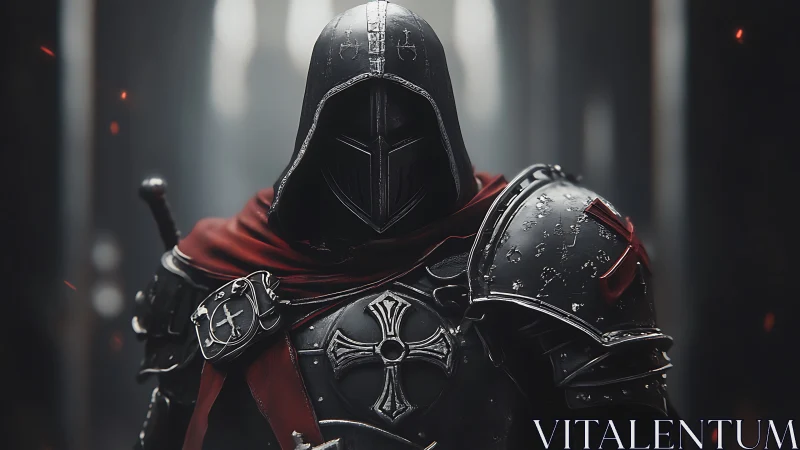 Hooded crusader knight in dark hall with red cloak.