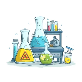 Cartoon laboratory glassware with reactive colorful solutions.