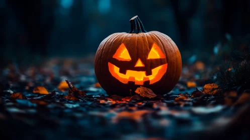 Glowing jack-o-lantern smiles warmly on a misty forest path