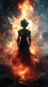 Blazing warrior rises in a storm of cosmic fire and power