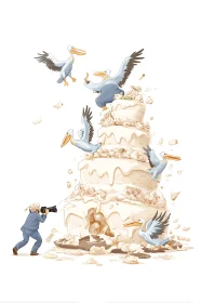 Pelicans raid towering wedding cake as photographer documents.