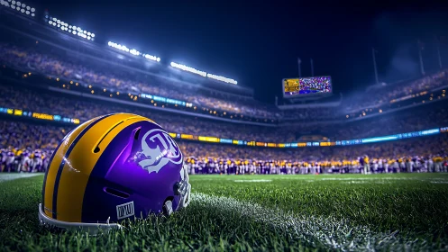 Purple and yellow football helmet on stadium field at night.