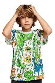 Playful kid in colorful slime monster graphic T-shirt.