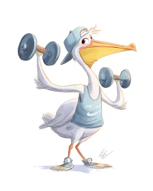 Cartoon pelican lifts dumbbells in sporty streetwear style.