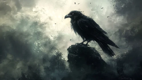 Midnight raven rules a storm-lit kingdom of swirling clouds