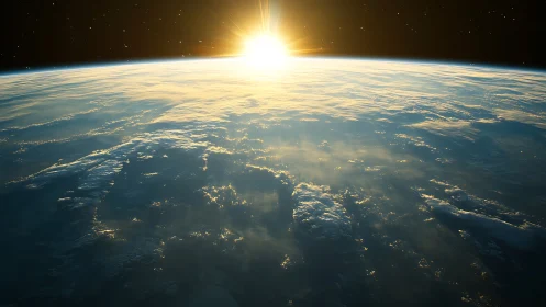 Sunrise cresting Earth&rsquo;s horizon above glowing clouds.