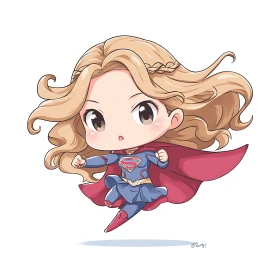 Chibi blonde superhero girl soaring in stylized flight.