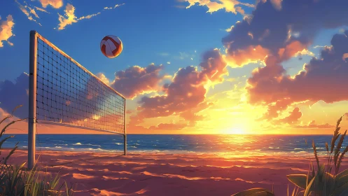 Sunset volleyball dream over blaze-tinted ocean horizon.