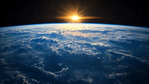 Photorealistic orbital sunrise over Earth&rsquo;s curved horizon.
