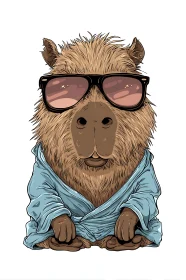 Cartoon capybara sits in robe and sunglasses on white background