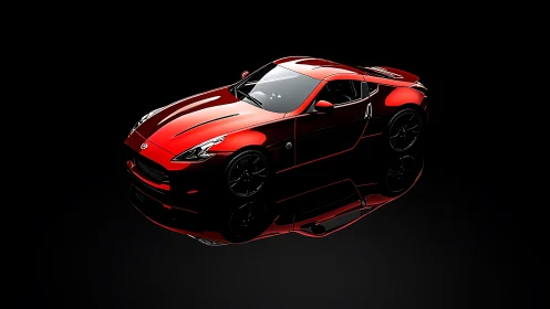 Midnight shine on a sleek red sports car reflection.