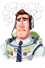 Male astronaut in headset with scattered thought clouds.
