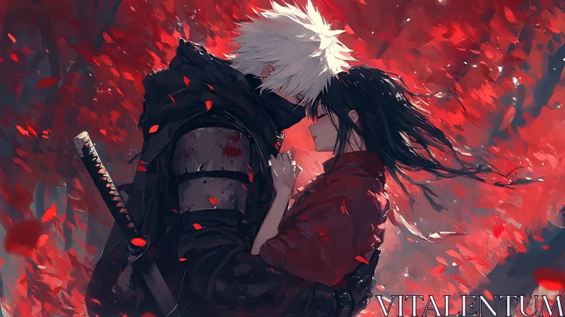 Masked warrior embraces woman beneath red leaves.